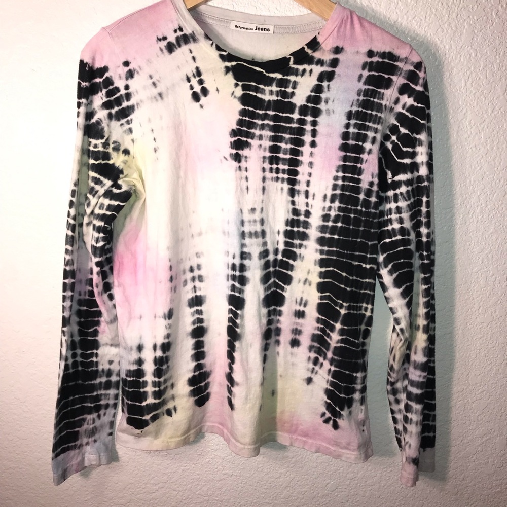 REFORMATION JEANS Long Sleeve Tee Tie-Dye Black White Pink Yellow size Medium - Picture 2 of 14